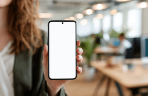 une personne tient un smartphone en main