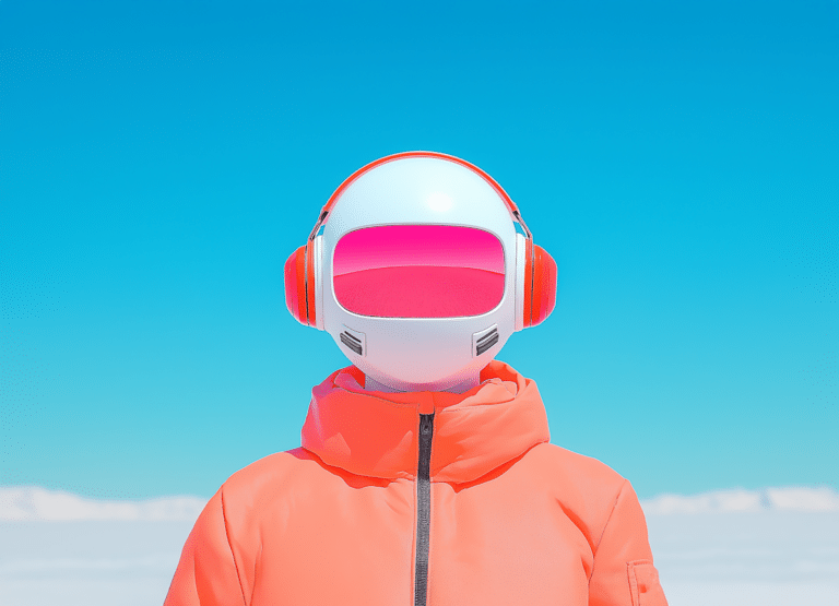 Personnage en combinaison orange avec casque blanc et visière rose, portant écouteurs rouges, contre ciel bleu.