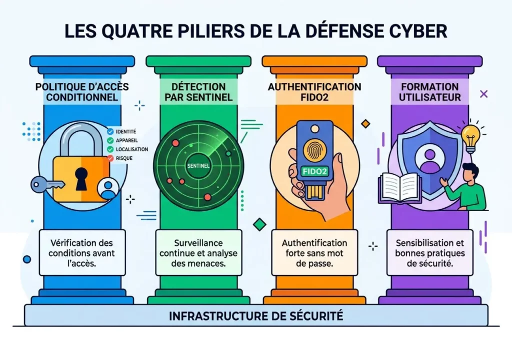illustration des “quatre piliers de la défense cyber”: vérification des accès, détection par sentinelle, authentification FIDO2, formation utilisateur, tous sur une base d’infrastructure de sécurité.