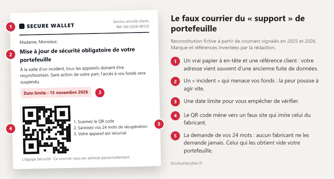 Exemple fictif de faux courrier du support d’un portefeuille crypto : QR code et demande des 24 mots de récupération