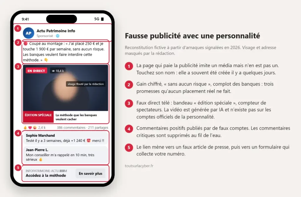 Arnaque placement en ligne Reconstitution d’une fausse publicité sponsorisée : faux direct télé avec visage généré par IA, promesse de gain sans risque, faux commentaires et lien vers un faux article