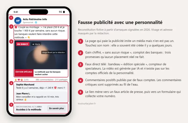 Arnaque placement en ligne Reconstitution d’une fausse publicité sponsorisée : faux direct télé avec visage généré par IA, promesse de gain sans risque, faux commentaires et lien vers un faux article